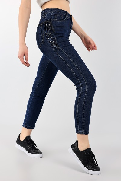 Lacivert Kuş Gözü Bağcıklı Kot Pantolon 99768