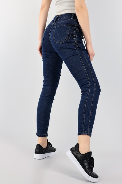 Lacivert Kuş Gözü Bağcıklı Kot Pantolon 99768