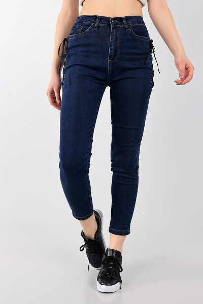 Lacivert Kuş Gözü Bağcıklı Kot Pantolon 99768