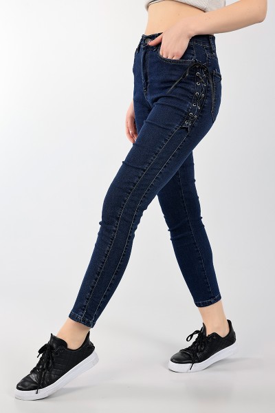 Lacivert Kuş Gözü Bağcıklı Kot Pantolon 99768
