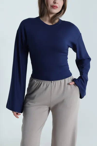Lacivert Kuş Gözü Bağcıklı Modal Kadın Bluz 494839