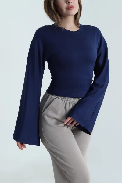 Lacivert Kuş Gözü Bağcıklı Modal Kadın Bluz 494839