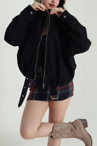 Lacivert Kuşaklı Astarlı Denim Modal Mont 488852