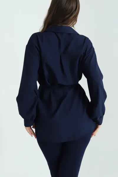 Lacivert Kuşaklı Dokuma Krinkıl Gömlek Tunik 333961