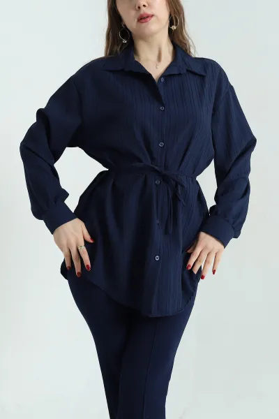 Lacivert Kuşaklı Dokuma Krinkıl Gömlek Tunik 333961