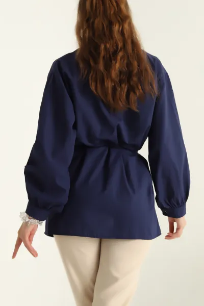 Lacivert Kuşaklı Terikoton Gömlek Tunik 288655