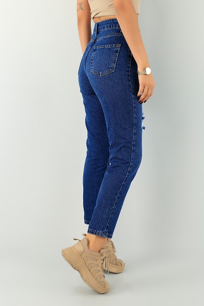 Lacivert Lazer Kesim Bayan Mom Kot Pantolon 74721