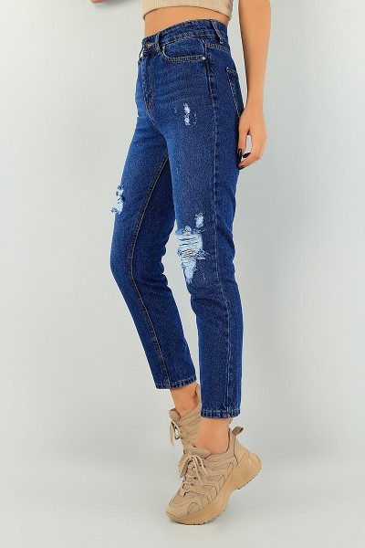 Lacivert Lazer Kesim Bayan Mom Kot Pantolon 74721