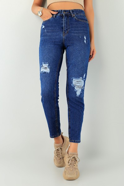 Lacivert Lazer Kesim Bayan Mom Kot Pantolon 74721