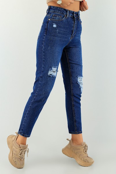 Lacivert Lazer Kesim Bayan Mom Kot Pantolon 74721