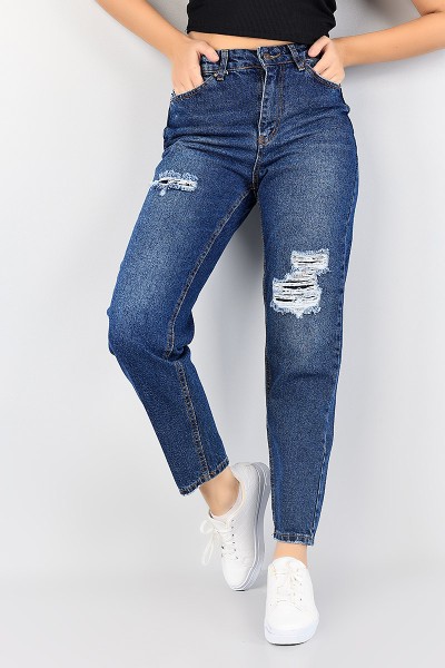 Lacivert Lazer Kesim Bayan Mom Kot Pantolon 86960