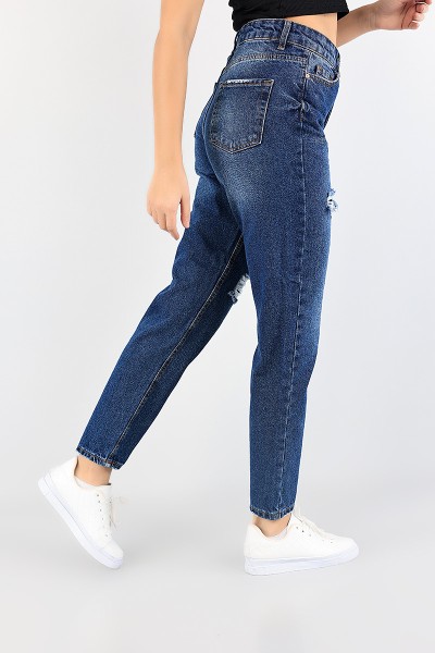 Lacivert Lazer Kesim Bayan Mom Kot Pantolon 86960