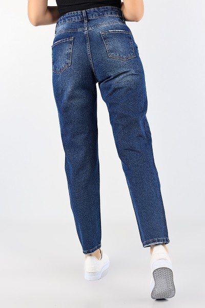 Lacivert Lazer Kesim Bayan Mom Kot Pantolon 86960