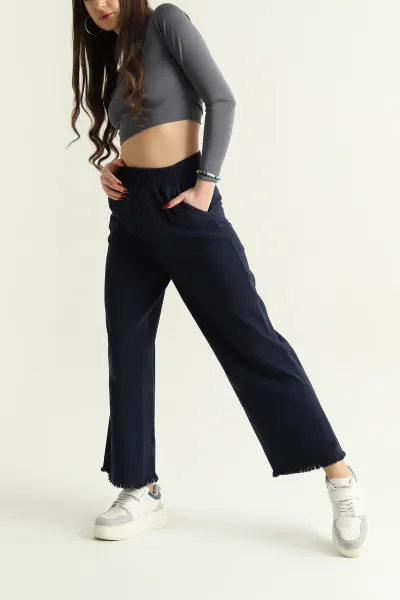 Lacivert Lazer Kesim Bel Lastikli Bayan Gabardin Pantolon 332716