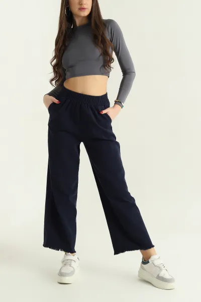 Lacivert Lazer Kesim Bel Lastikli Bayan Gabardin Pantolon 332716