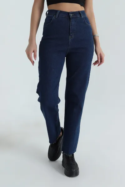 Lacivert Lazer Kesim Likralı Cepli Mom Kadın Kot Pantolon 401088