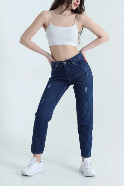 Lacivert Lazer Kesim Mom Kadın Kot Pantolon 445171