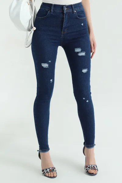 Lacivert Lazer Kesim Slim Fit Kadın Kot Pantolon 367035