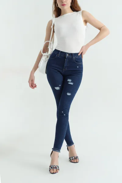 Lacivert Lazer Kesim Slim Fit Kadın Kot Pantolon 367035