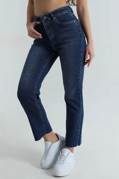 Lacivert Lazer Paça Mom Kadın Kot Pantolon 406311