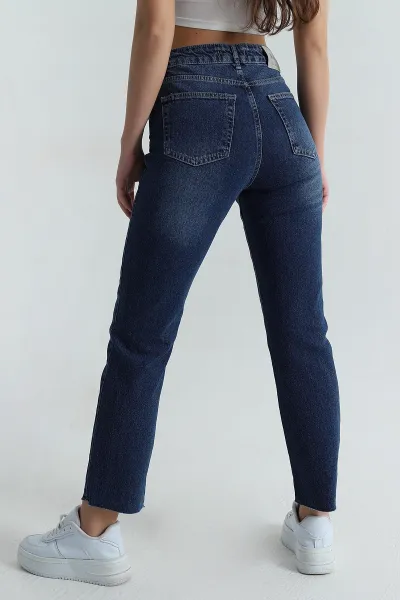 Lacivert Lazer Paça Mom Kadın Kot Pantolon 406311