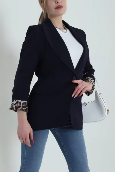 Lacivert Leopar Astarlı Atlas Kadın Ceket 428234