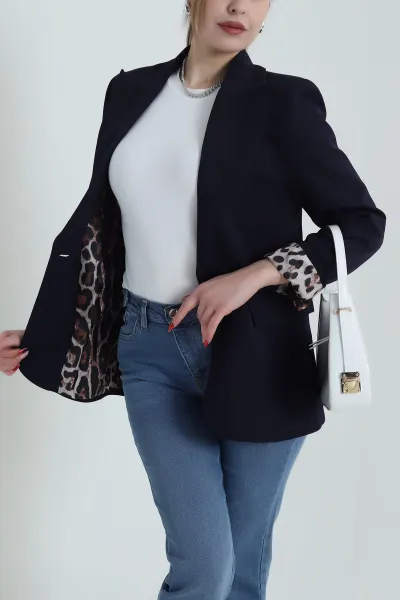 Lacivert Leopar Astarlı Atlas Kadın Ceket 428234