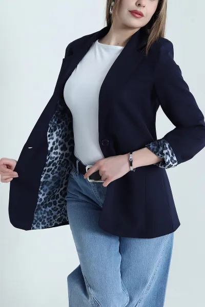 Lacivert Leopar Astarlı Kadın Ceket 440963