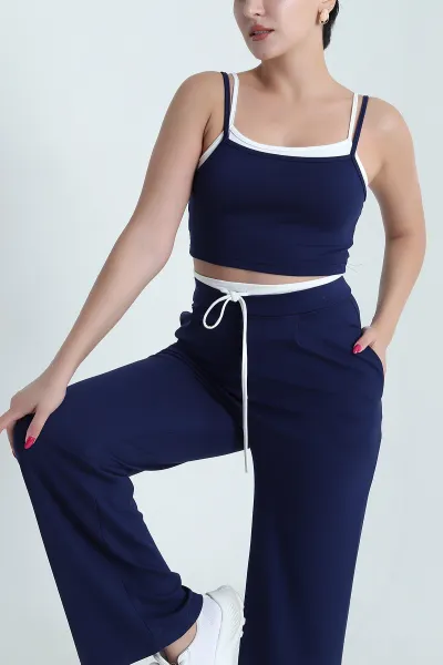 Lacivert Likralı Cepli Crop Pantolon Modal İkili Takım 477804