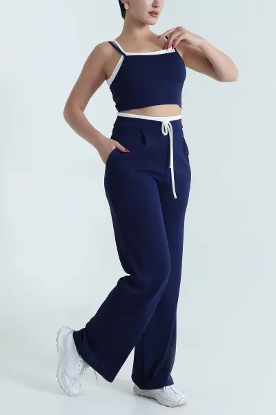 Lacivert Likralı Cepli Crop Pantolon Modal İkili Takım 477804