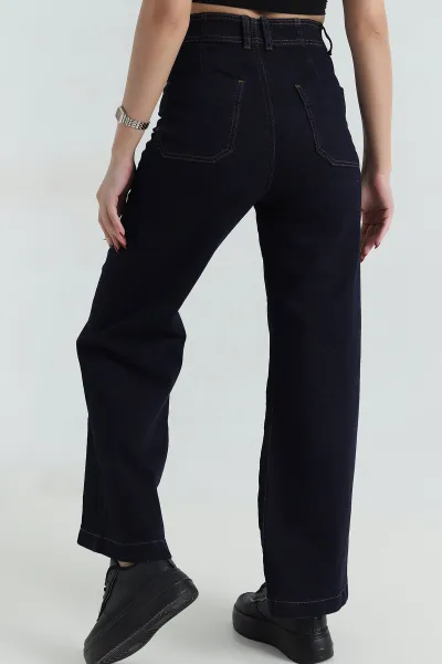 Lacivert Likralı Çimalı Baggy Kadın Kot Pantolon 418584