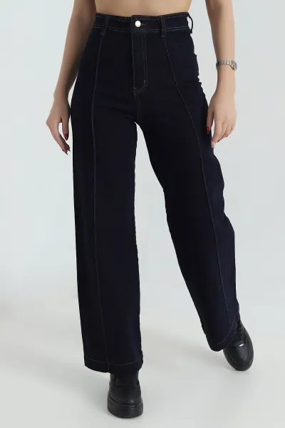 Lacivert Likralı Çimalı Baggy Kadın Kot Pantolon 418584