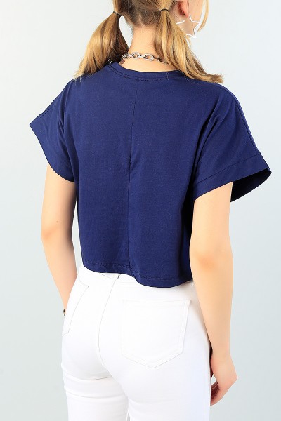 Lacivert Likralı Crop Bayan Tişört 65295
