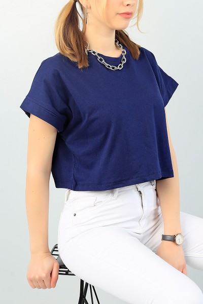 Lacivert Likralı Crop Bayan Tişört 65295