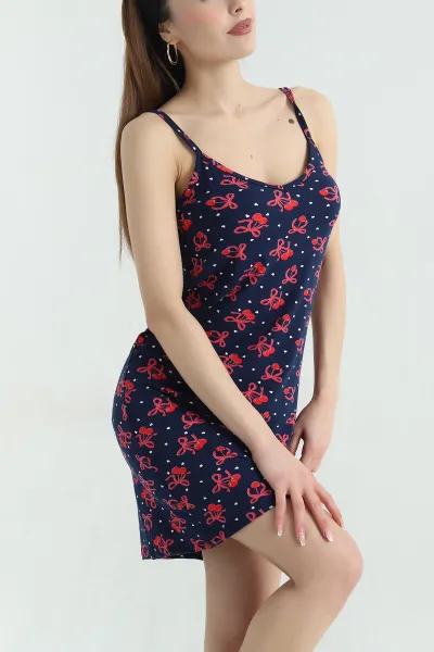 Lacivert Likralı Desenli Milan Kadın Elbise Pijama 357193