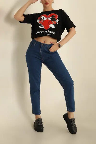 Lacivert Likralı Mom Bayan Kot Pantolon 273713