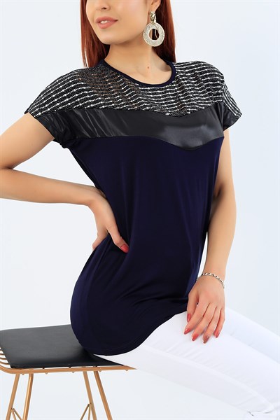 Lacivert Likralı Pul İşlemeli Bluz 31849