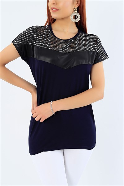 Lacivert Likralı Pul İşlemeli Bluz 31849