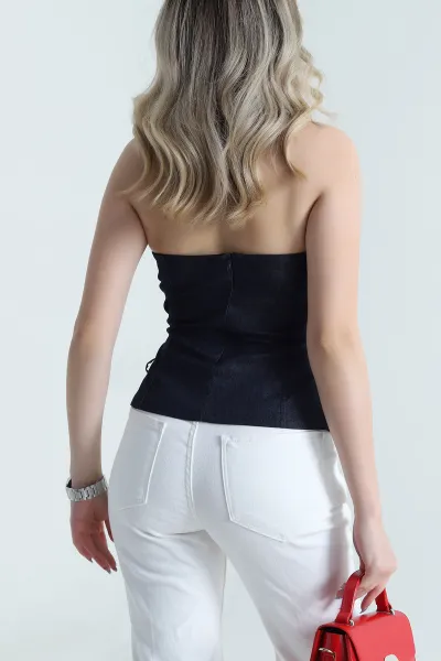 Lacivert Likralı Tensel Kot Straplez Kadın Bluz 475334