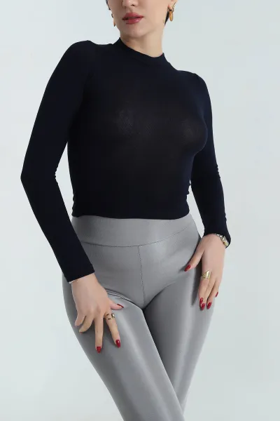 Lacivert Likralı Viskon Kadın Bluz 416399