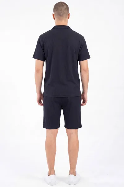Lacivert Look Kumaş Yarım Fermuarlı Erkek Şortlu Takım 467646