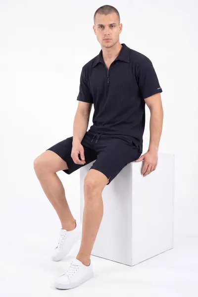 Lacivert Look Kumaş Yarım Fermuarlı Erkek Şortlu Takım 467646