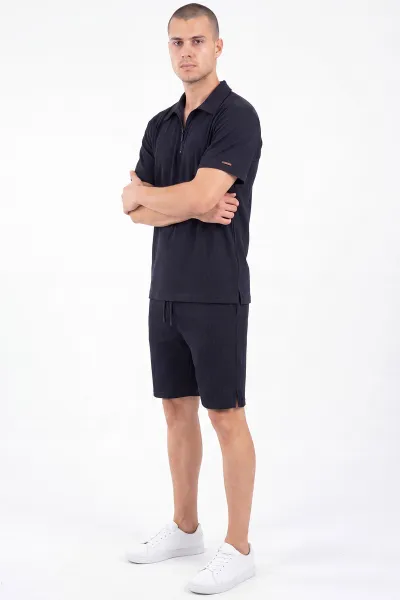 Lacivert Look Kumaş Yarım Fermuarlı Erkek Şortlu Takım 467646