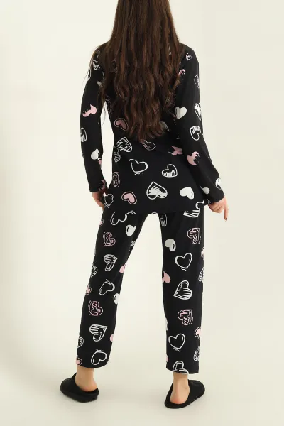 Lacivert Milan Düğmeli Bayan Pijama Takımı 329614