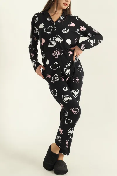 Lacivert Milan Düğmeli Bayan Pijama Takımı 329614