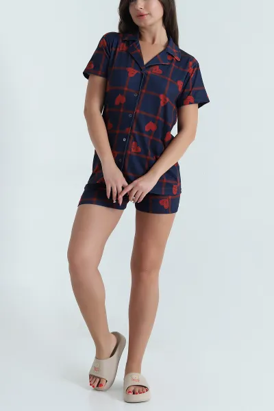 Lacivert Milan Düğmeli Şortlu Kadın Pijama Takımı 478568