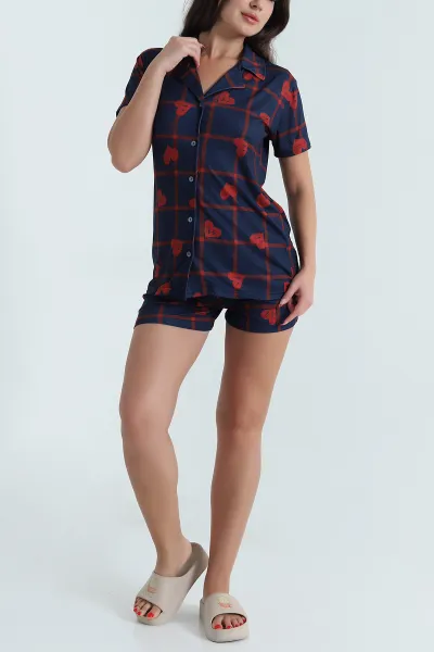 Lacivert Milan Düğmeli Şortlu Kadın Pijama Takımı 478568