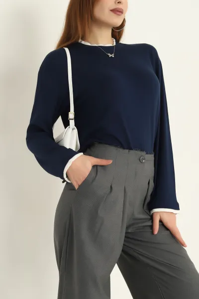 Lacivert Modal Bisiklet Yaka Likralı Bayan Sweat 318267