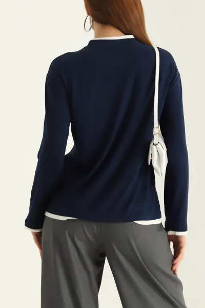 Lacivert Modal Bisiklet Yaka Likralı Bayan Sweat 318267