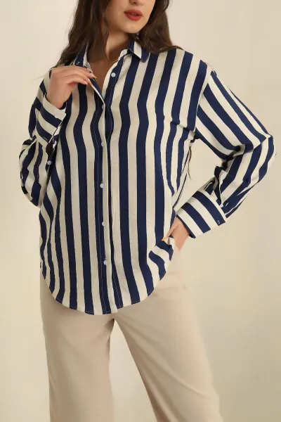 Lacivert Modal Çizgili Oversize Gömlek 266424